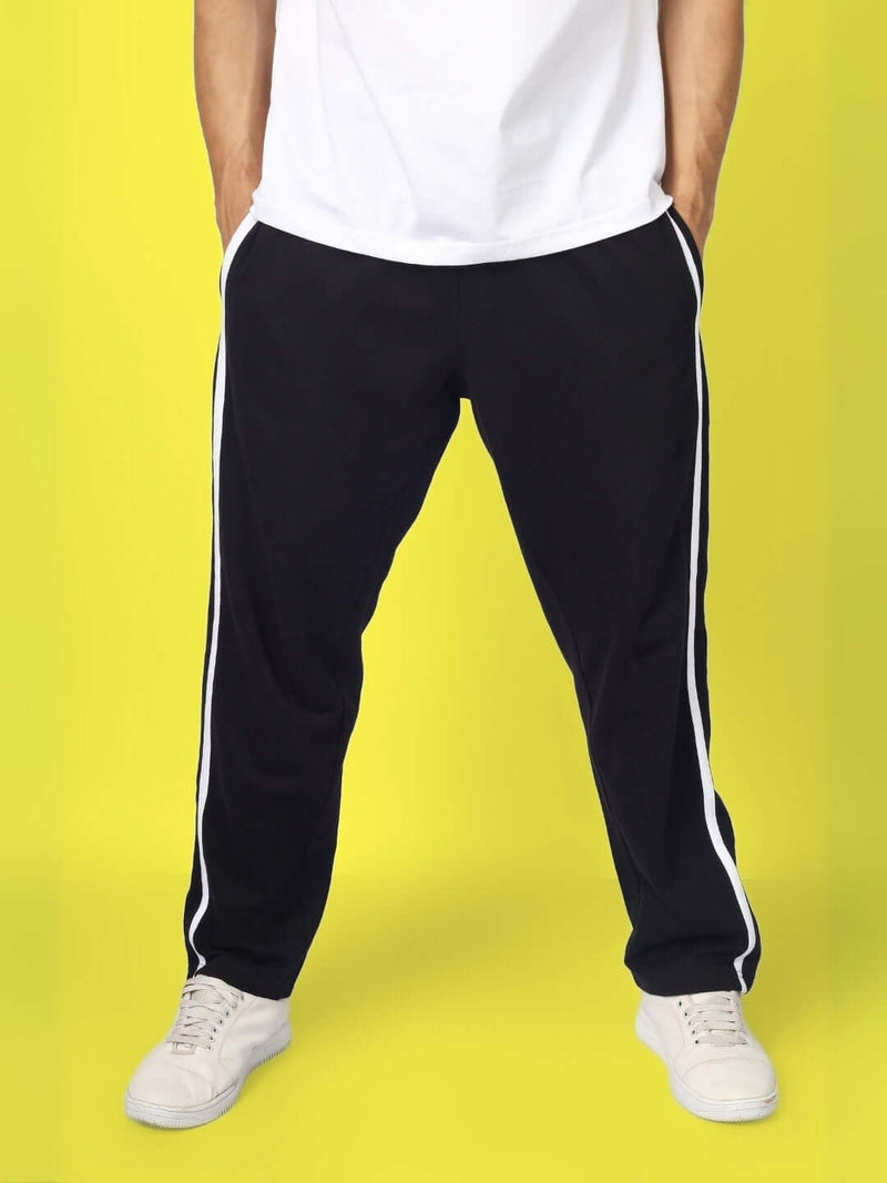 Genzclassic Men's Snap Button Track Pants with Side Stripe | Athletic Fit Athleisure Trouser | Black & White