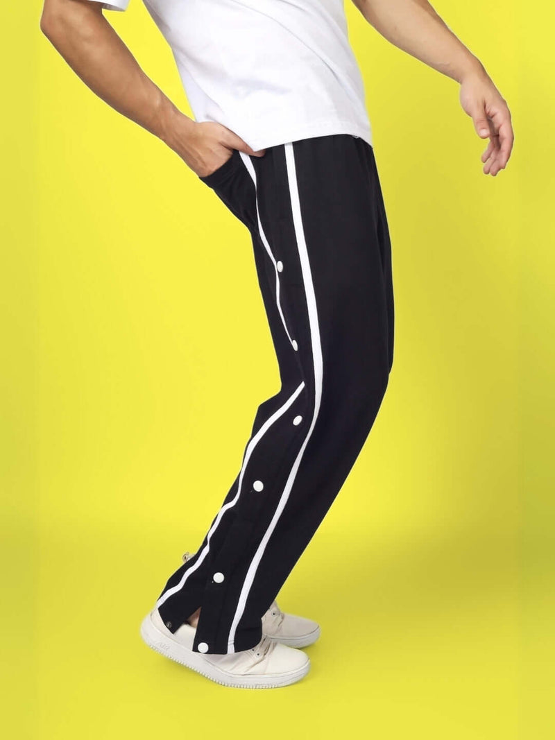 Genzclassic Men's Snap Button Track Pants with Side Stripe | Athletic Fit Athleisure Trouser | Black & White