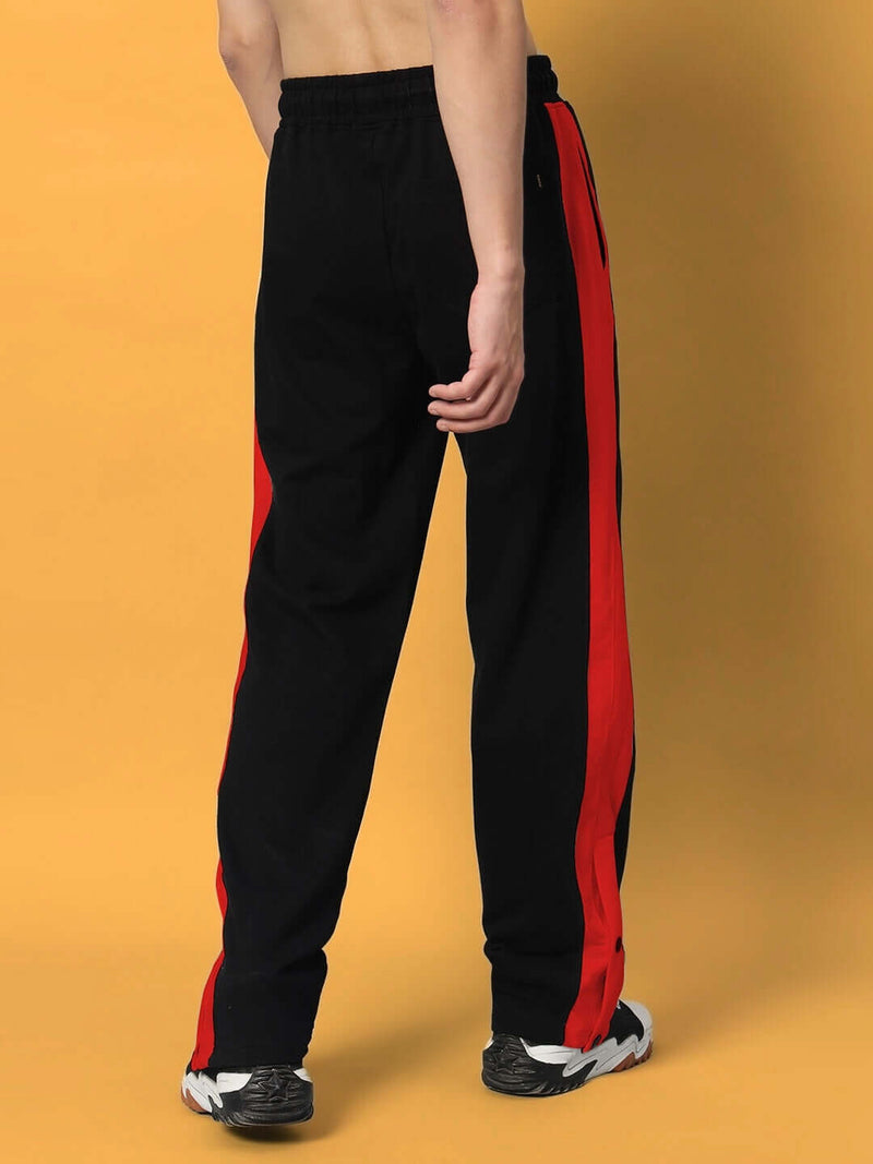 Genzclassic Men's Snap Button Track Pants with Contrast Side Panel | Athletic Fit Athleisure Trouser | Black & Red