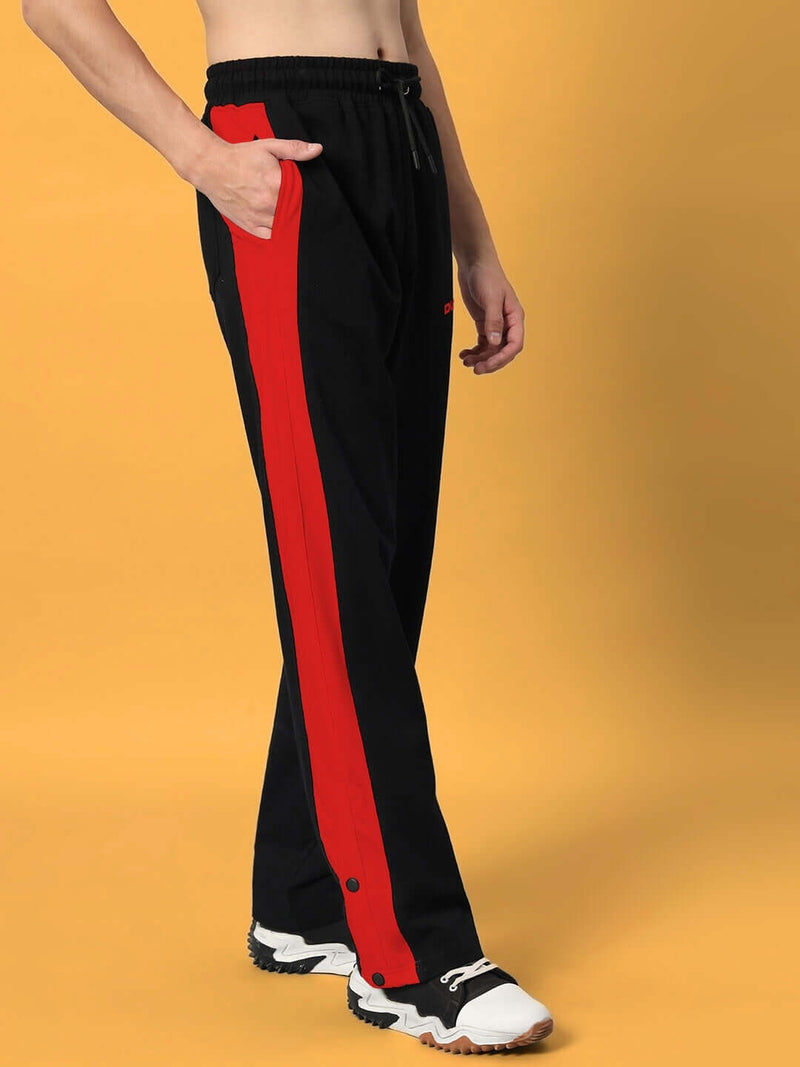 Genzclassic Men's Snap Button Track Pants with Contrast Side Panel | Athletic Fit Athleisure Trouser | Black & Red
