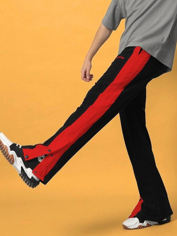 Genzclassic Men's Snap Button Track Pants with Contrast Side Panel | Athletic Fit Athleisure Trouser | Black & Red