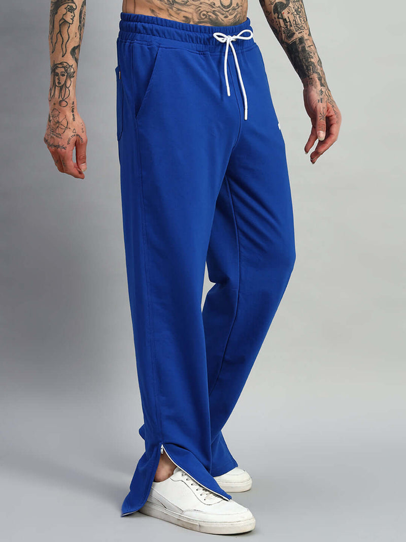 Genzclassic Men's Wide Leg Track Pants with Bottom Zipper | Relaxed Fit Athleisure Trouser | Royal Blue
