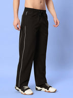 Genzclassic Men's Wide Leg Track Pants with Contrast Piping | Relaxed Fit Athleisure Trouser | Black
