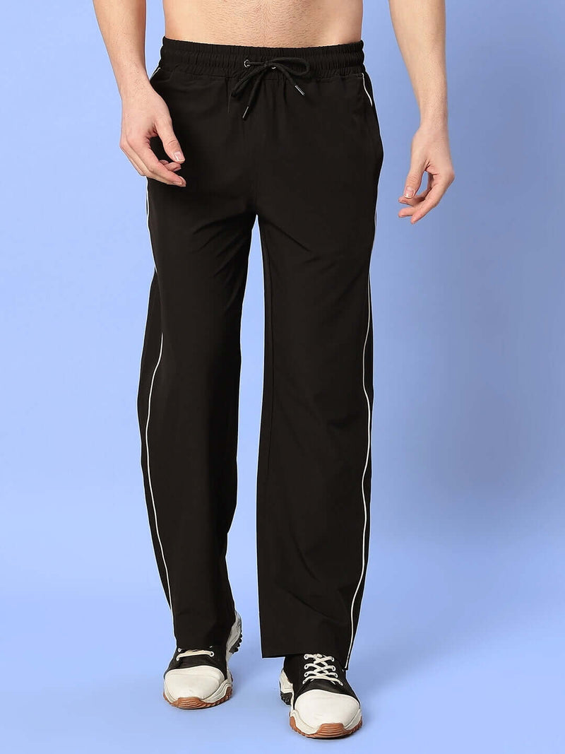 Genzclassic Men's Wide Leg Track Pants with Contrast Piping | Relaxed Fit Athleisure Trouser | Black