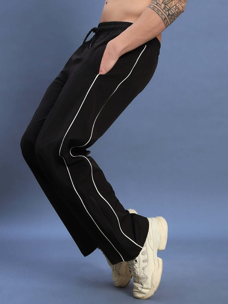 Genzclassic Men's Wide Leg Track Pants with Contrast Piping | Relaxed Fit Athleisure Trouser | Black