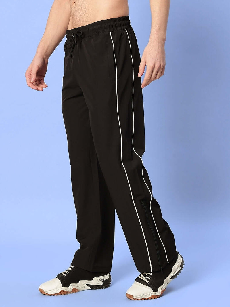 Genzclassic Men's Wide Leg Track Pants with Contrast Piping | Relaxed Fit Athleisure Trouser | Black