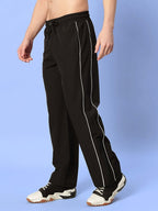 Genzclassic Men's Wide Leg Track Pants with Contrast Piping | Relaxed Fit Athleisure Trouser | Black