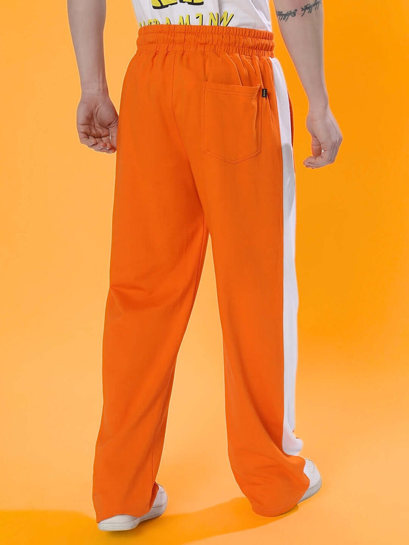 Genzclassic Men's Wide Leg Track Pants with Side Panels | Relaxed Fit Athleisure Trouser | Orange & White
