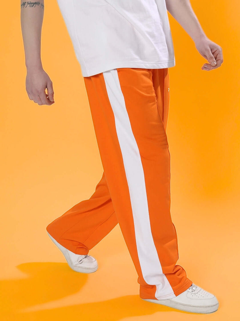 Genzclassic Men's Wide Leg Track Pants with Side Panels | Relaxed Fit Athleisure Trouser | Orange & White