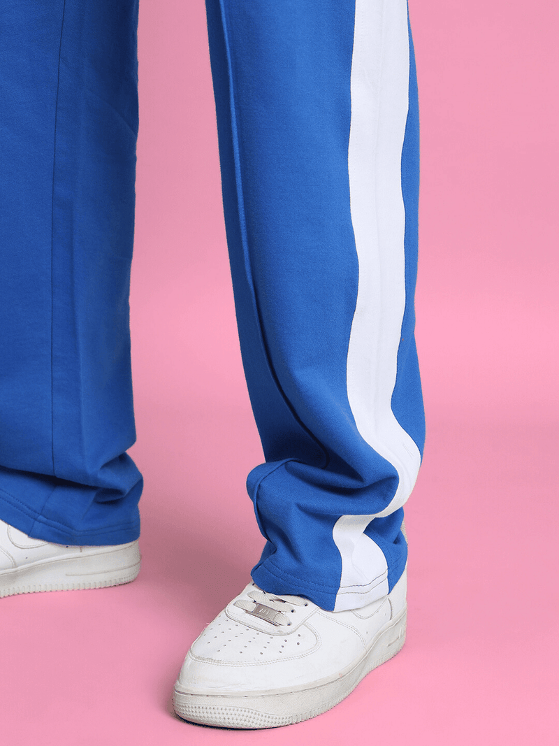 Genzclassic Men's Straight Fit Track Pants with Side Stripe | Premium Athleisure Trouser | Electric Blue & White