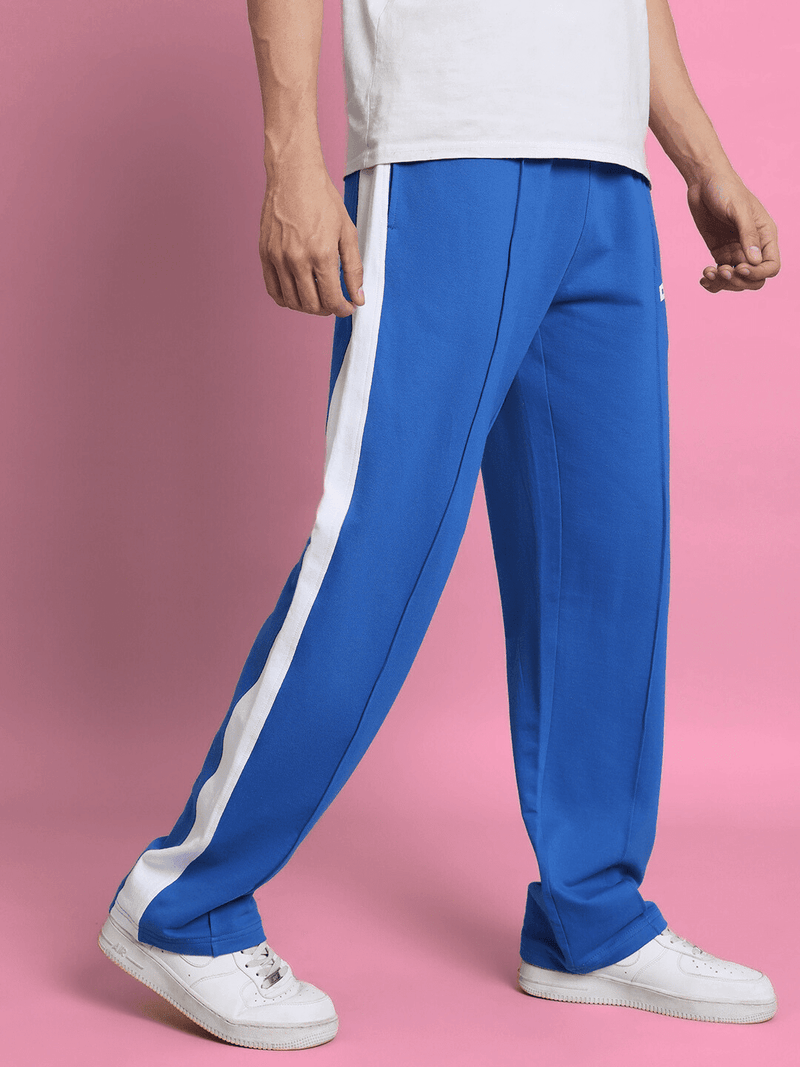 Genzclassic Men's Straight Fit Track Pants with Side Stripe | Premium Athleisure Trouser | Electric Blue & White