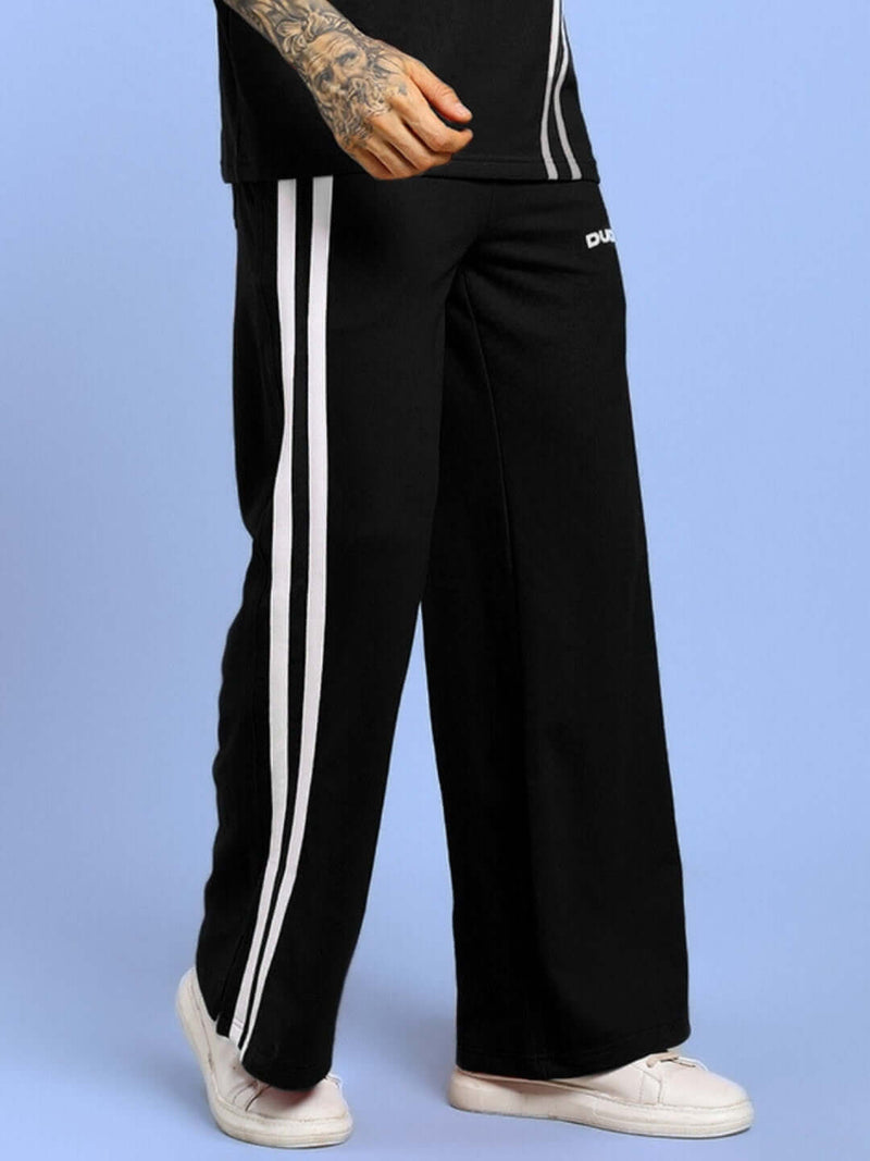 Genzclassic Men's Wide Leg Track Pants with Side Stripes & Zipper Hem | Premium Athleisure Trouser | Black & White